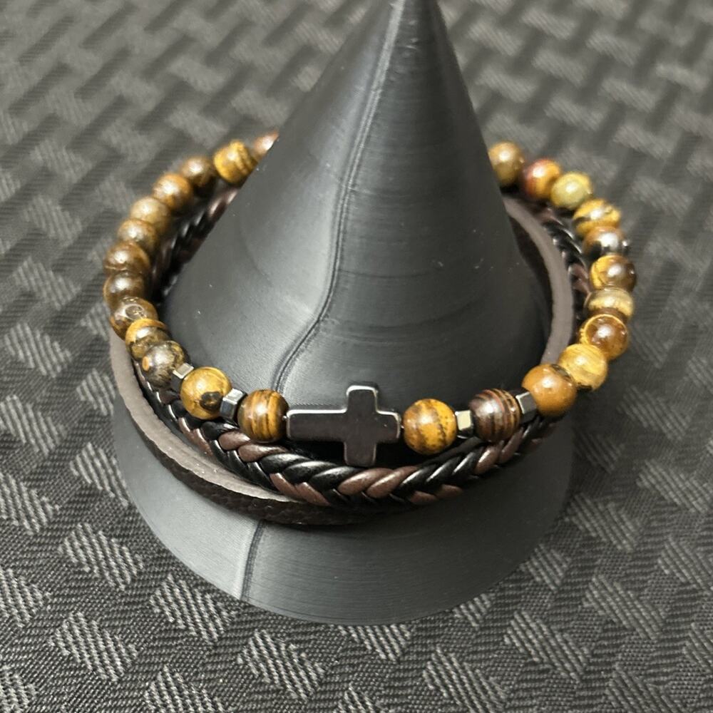 To My Man Bracelet Tiger Eye Leather Magnetite Cross Bracelet Set Father’s Day